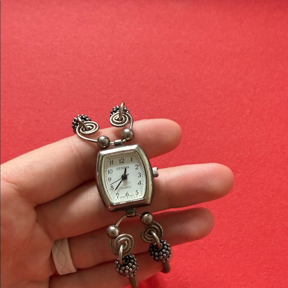 Geneva Silver-Tone Beaded Bracelet Watch with White Dial